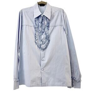 Prada AW20 Collection Blue Cotton Ruffled Bib Shirt